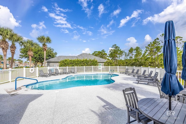 view of swimming pool featuring a patio area