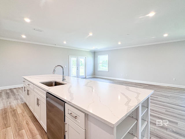 23850 Shadowridge Dr, Daphne, AL 36526 - kitchen with stainless steel dishwasher, a sink, crown molding, light wood-style floors, and an island with sink