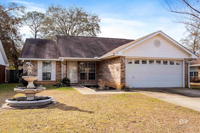 ranch-style house featuring a garage and a front yard