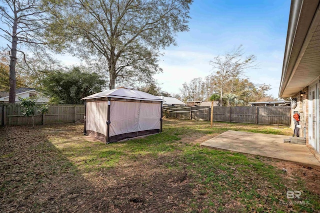 view of yard with a patio and a storage unit