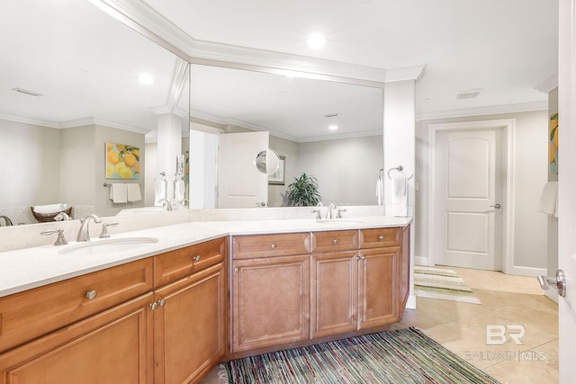 full bathroom featuring tile patterned floors, a sink, visible vents, and crown molding