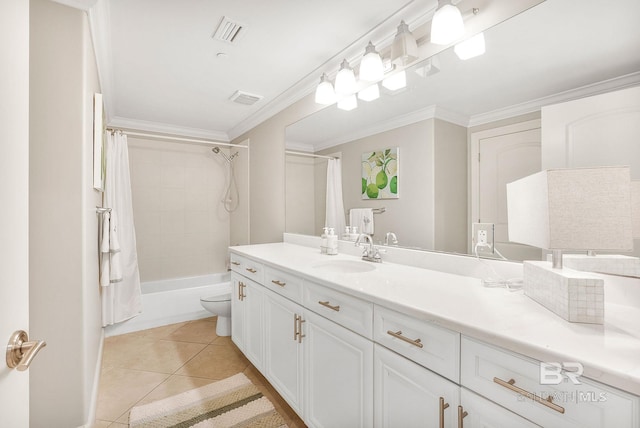 bathroom featuring ornamental molding, visible vents, vanity, and tile patterned floors