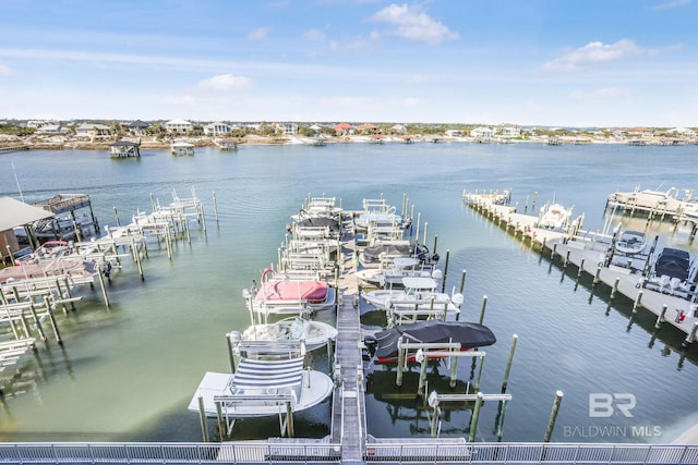 view of water feature featuring a boat dock and boat lift