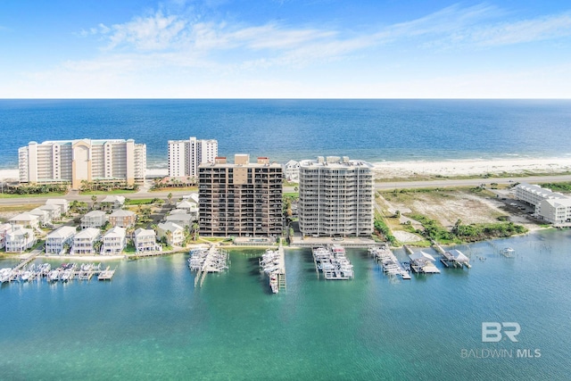 bird's eye view featuring a water view and a city view