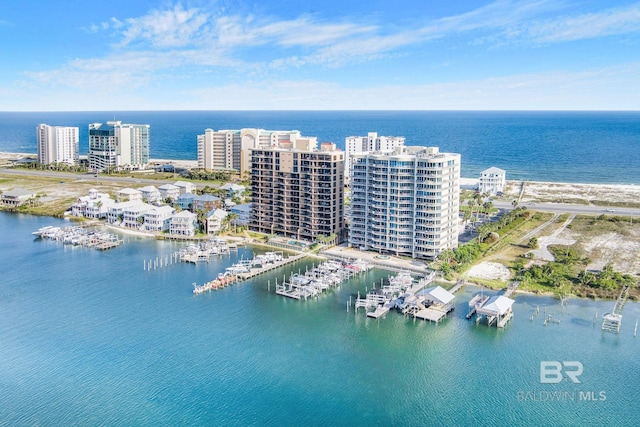 birds eye view of property with a water view and a city view