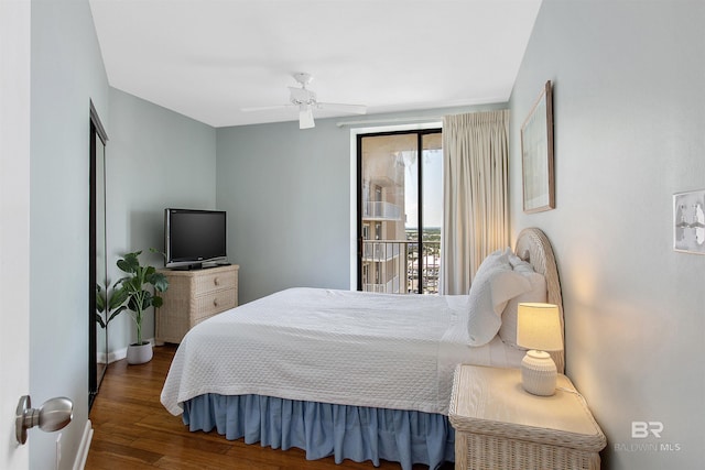 24900 Perdido Beach Blvd Unit 1506, Orange Beach, AL 36561 - bedroom with ceiling fan, access to outside, and dark hardwood / wood-style floors