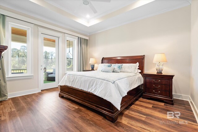bedroom featuring baseboards, ornamental molding, access to exterior, a tray ceiling, and dark wood-style floors