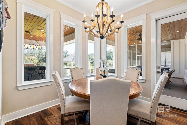 dining area with dark wood-style flooring, baseboards, an inviting chandelier, french doors, and wood ceiling