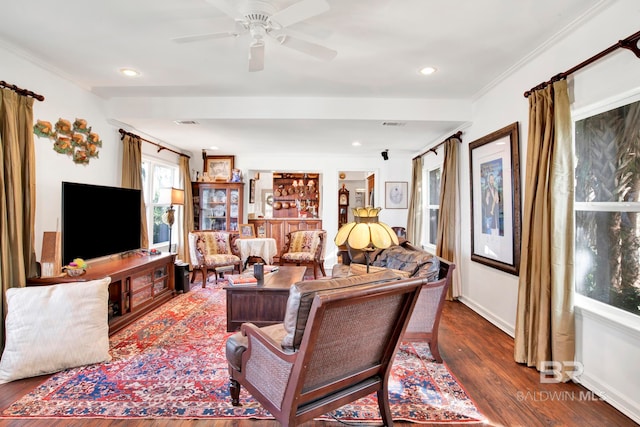 living room featuring a ceiling fan, crown molding, recessed lighting, and wood finished floors