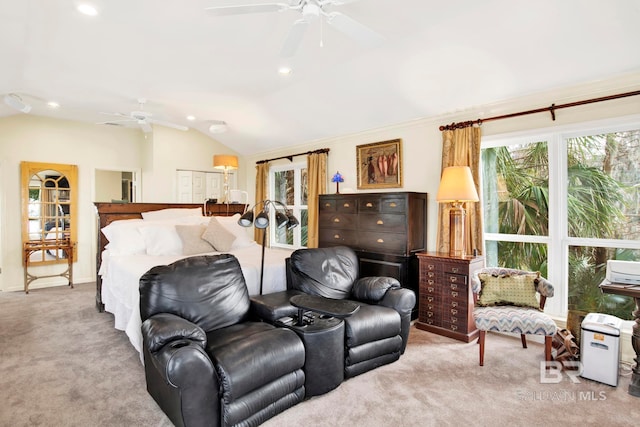 bedroom featuring carpet flooring, multiple windows, and vaulted ceiling