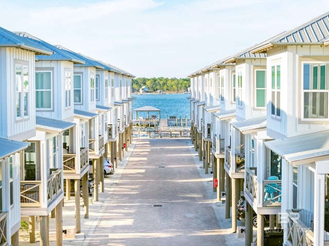 exterior space with a water view