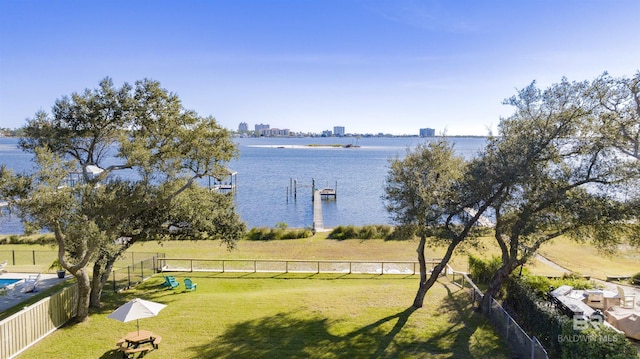 property view of water featuring a boat dock