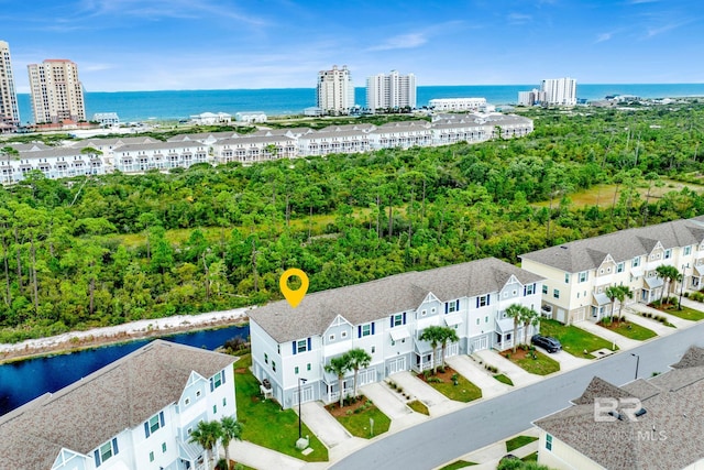 aerial view featuring a water view