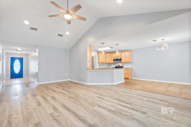 26715 Terry Cove Dr, Orange Beach, AL 36561 - unfurnished living room with ceiling fan, a sink, light wood-style floors, recessed lighting, and baseboards