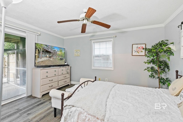 bedroom with access to outside, ceiling fan, crown molding, and a textured ceiling