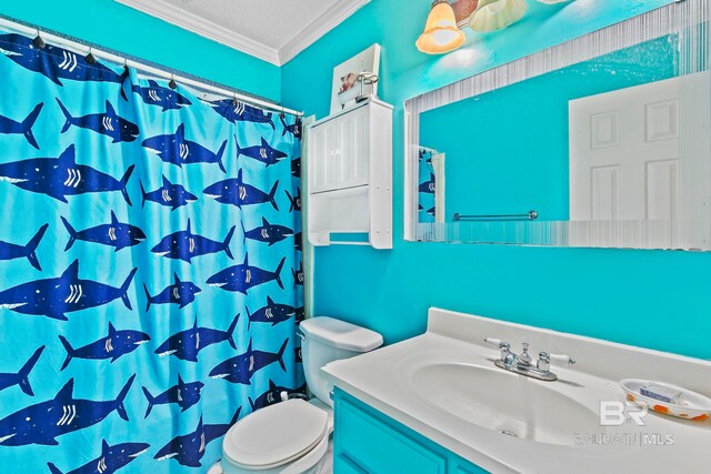 bathroom featuring walk in shower, crown molding, a textured ceiling, toilet, and vanity