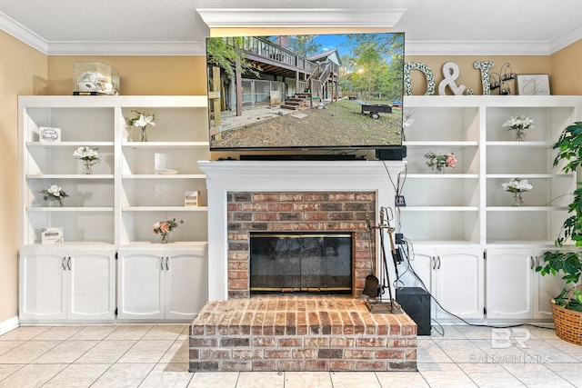 living room featuring a fireplace, light tile patterned floors, and ornamental molding