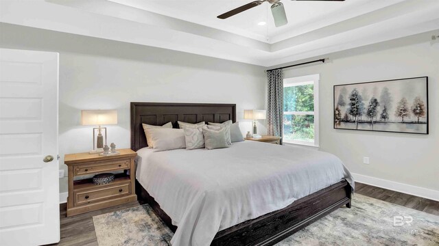 11529 Thistledown Loop, Spanish Fort, AL 36527 - bedroom featuring wood finished floors, baseboards, a raised ceiling, and a ceiling fan