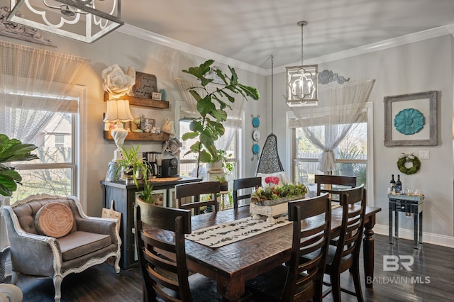 dining area featuring crown molding, baseboards, wood finished floors, and a notable chandelier