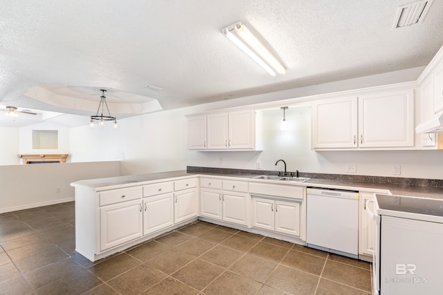 kitchen featuring ceiling fan, pendant lighting, stove, white dishwasher, and white cabinetry