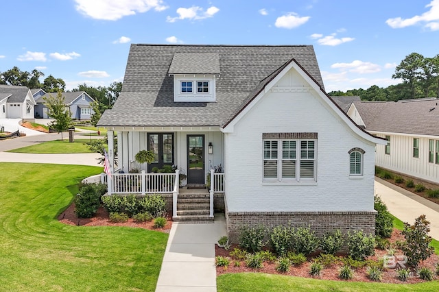 view of front of property with a front lawn, brick siding, covered porch, and a shingled roof