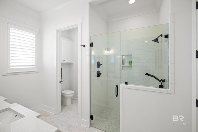 bathroom featuring sink, toilet, a shower with door, and tile patterned flooring