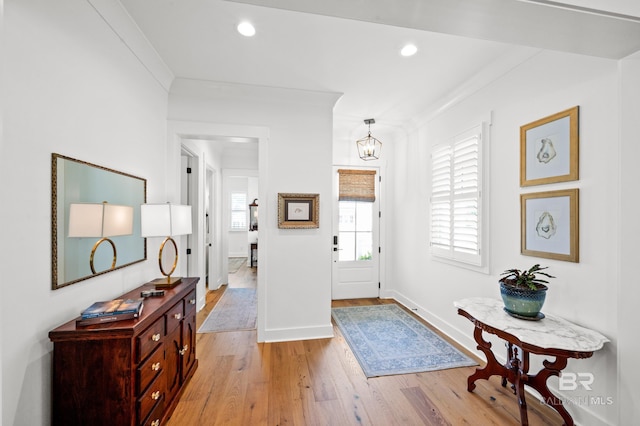 foyer featuring light hardwood / wood-style floors, a healthy amount of sunlight, and crown molding