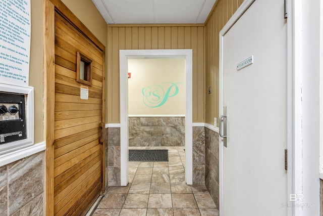 corridor with wooden walls