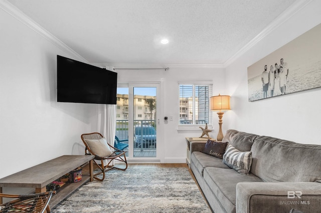 living room featuring baseboards, a textured ceiling, wood finished floors, and crown molding