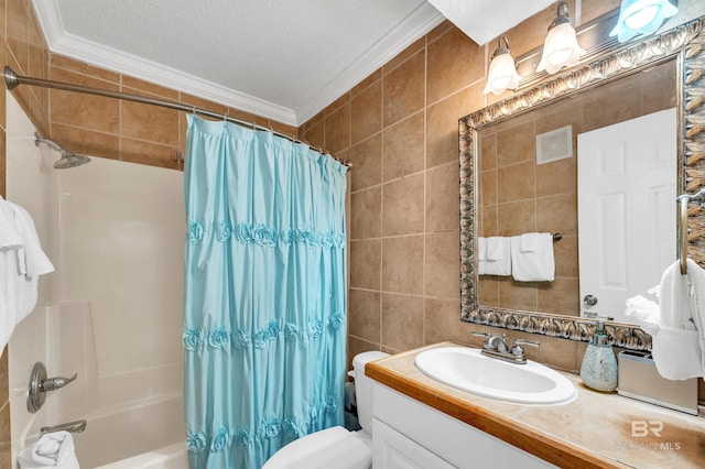full bathroom with tile walls, toilet, ornamental molding, a textured ceiling, and shower / bath combo