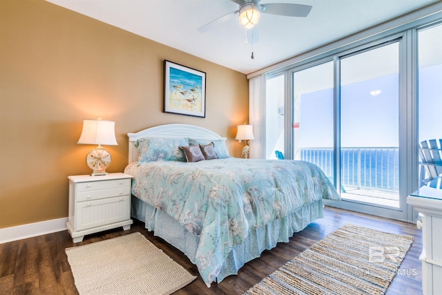 bedroom featuring ceiling fan, access to exterior, and dark hardwood / wood-style flooring