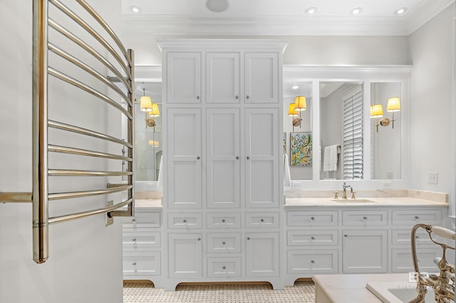 full bath featuring ornamental molding, recessed lighting, and vanity