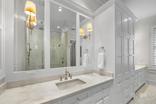 full bathroom with ornamental molding, a stall shower, visible vents, and vanity