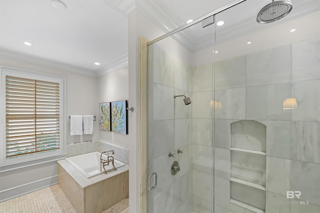 full bath featuring a garden tub, a shower stall, ornamental molding, and recessed lighting