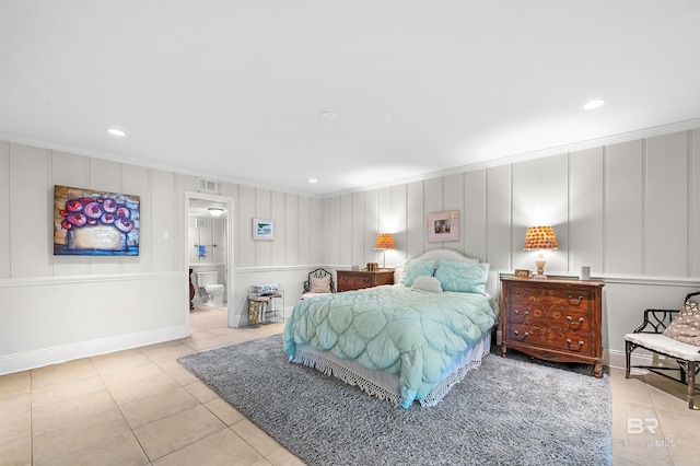 bedroom featuring visible vents, baseboards, ornamental molding, tile patterned flooring, and recessed lighting