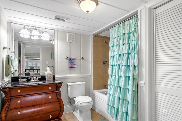 bathroom with shower / bath combination with curtain, tile patterned flooring, visible vents, and toilet