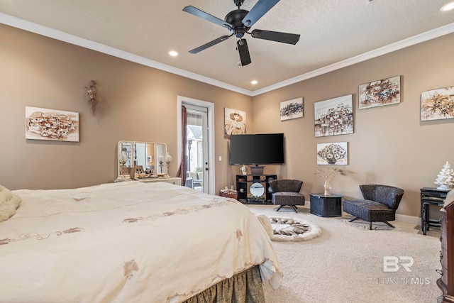 carpeted bedroom featuring recessed lighting, ceiling fan, crown molding, and baseboards