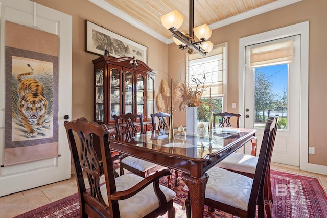 dining area featuring an inviting chandelier, light tile patterned floors, wooden ceiling, and ornamental molding