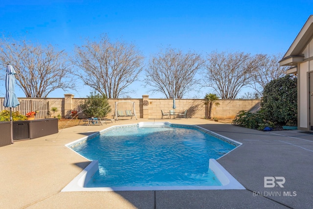 view of swimming pool featuring a patio area, a fenced in pool, and a fenced backyard