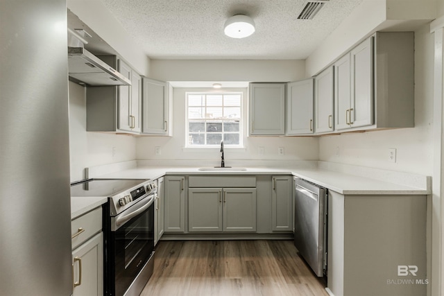kitchen with visible vents, dark wood finished floors, stainless steel appliances, a sink, and exhaust hood
