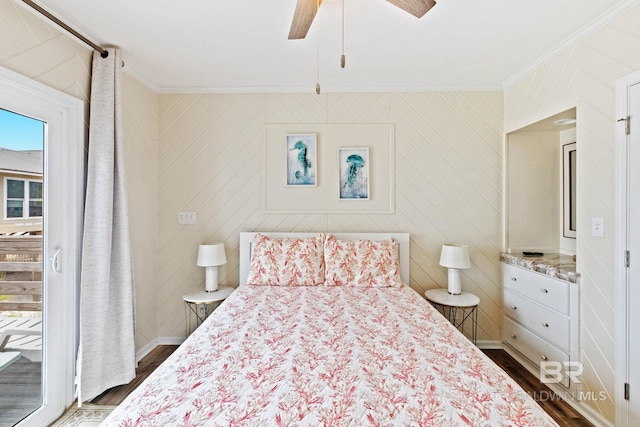 bedroom with ornamental molding, access to outside, baseboards, ceiling fan, and dark wood-style flooring