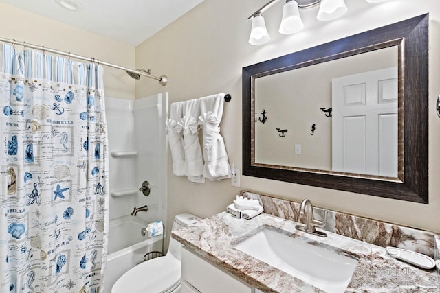 bathroom featuring vanity, toilet, and shower / tub combo with curtain