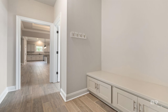 33861 Rutland Ln, Spanish Fort, AL 36527 - mudroom featuring light wood finished floors, baseboards, and crown molding