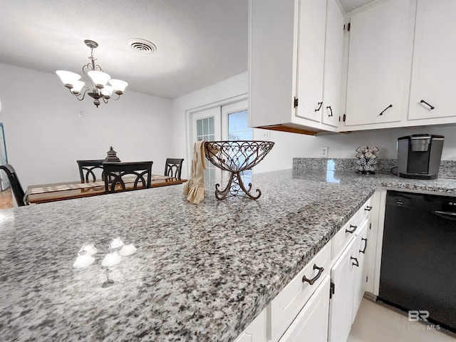 kitchen featuring light stone counters, an inviting chandelier, black dishwasher, white cabinets, and hanging light fixtures