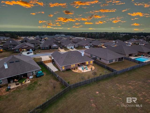 view of aerial view at dusk