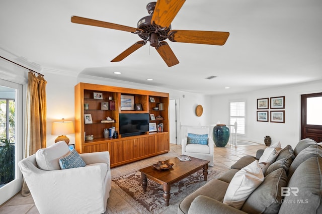 living room with recessed lighting, crown molding, ceiling fan, and light tile patterned floors