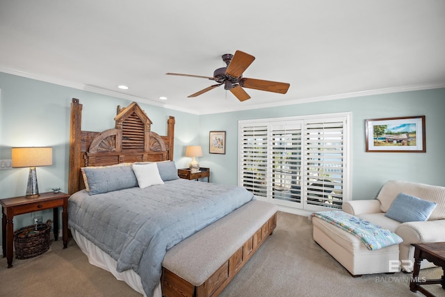 bedroom with recessed lighting, a ceiling fan, ornamental molding, carpet floors, and access to outside