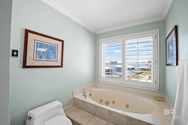bathroom with a tub with jets, ornamental molding, and toilet
