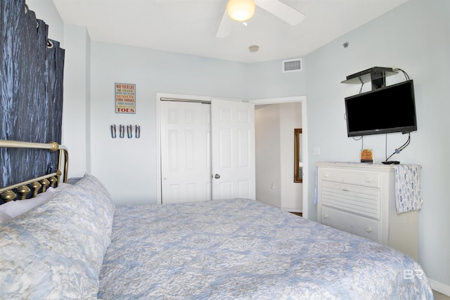 bedroom with ceiling fan and a closet