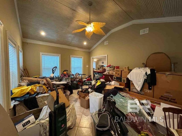 misc room featuring ornamental molding, ceiling fan, and lofted ceiling